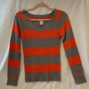 Orange and Grey Shimmer Cable Knit Striped Sweater